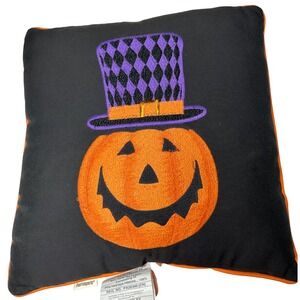 Pier 1 Halloween Jack O Lantern Top Hat Embroidered Pillow 16x16 Black
